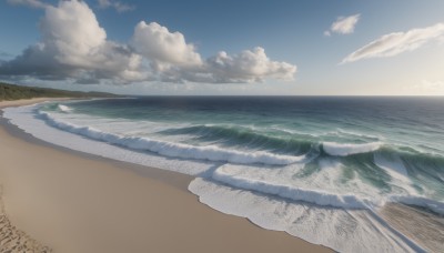 outdoors,sky,day,cloud,water,tree,blue sky,no humans,ocean,beach,cloudy sky,nature,scenery,sand,horizon,waves,shore