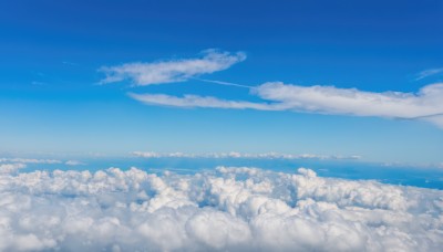 monochrome,outdoors,sky,day,cloud,blue sky,no humans,ocean,cloudy sky,scenery,blue theme,aircraft,horizon,landscape,contrail,above clouds,water