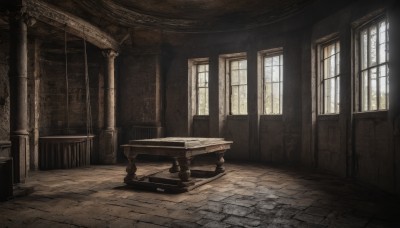 day,indoors,no humans,window,chair,table,sunlight,scenery,light rays,stairs,door,pillar,arch,column,ruins