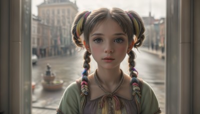 1girl,solo,long hair,looking at viewer,bangs,blonde hair,brown hair,hair ornament,dress,ribbon,twintails,jewelry,hair ribbon,upper body,braid,outdoors,parted lips,day,necklace,blurry,black eyes,twin braids,lips,grey eyes,eyelashes,depth of field,blurry background,building,city,realistic,nose,watercraft,boat,blush,blue eyes,black hair,earrings,sunlight,backlighting,freckles