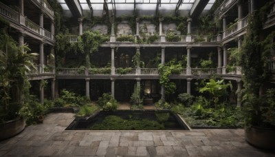 indoors,tree,no humans,window,sunlight,plant,scenery,stairs,door,potted plant,ruins,vines,pillar,arch,moss,overgrown,outdoors,building