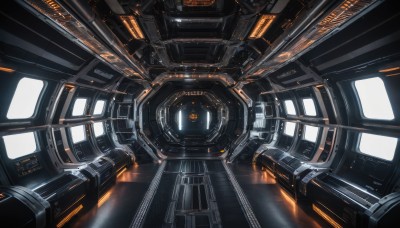 no humans,glowing,robot,mecha,machinery,science fiction,realistic,cable,lights,cockpit,machine,indoors,window,scenery,floating,light,spacecraft