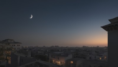 outdoors,sky,tree,no humans,window,night,moon,building,star (sky),night sky,scenery,starry sky,city,road,cityscape,house,crescent moon,rooftop,town,sunset,power lines