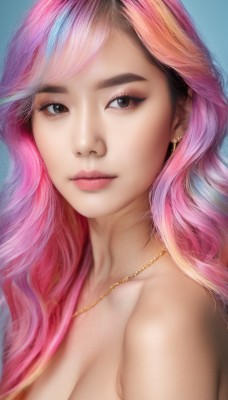 1girl,solo,long hair,breasts,looking at viewer,bangs,simple background,cleavage,bare shoulders,brown eyes,jewelry,medium breasts,closed mouth,upper body,pink hair,nude,multicolored hair,earrings,necklace,black eyes,two-tone hair,lips,streaked hair,eyelashes,makeup,blue background,piercing,portrait,eyeshadow,realistic,nose,large breasts