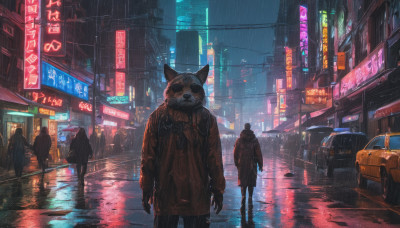 jacket, outdoors, multiple boys, night, animal, ground vehicle, building, scenery, motor vehicle, reflection, rain, dog, city, sign, car, road, street, puddle, city lights, cyberpunk, neon lights