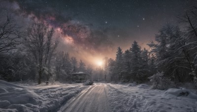 outdoors,sky,cloud,tree,no humans,night,ground vehicle,star (sky),nature,night sky,scenery,snow,forest,starry sky,sunset,mountain,sun,road,house,winter,bare tree,snowing,landscape,path,milky way