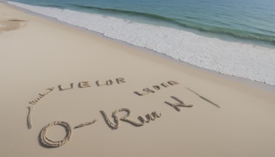 solo,outdoors,sky,day,water,english text,no humans,ocean,beach,parody,scenery,sand,horizon,waves,shore,desert,footprints,traditional media