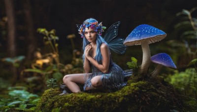 1girl,solo,long hair,breasts,looking at viewer,blue eyes,hair ornament,dress,cleavage,bare shoulders,sitting,blue hair,flower,outdoors,wings,sleeveless,hair flower,water,blurry,lips,depth of field,blurry background,blue dress,own hands together,grass,plant,nature,forest,realistic,fairy,head wreath,mushroom,butterfly wings,moss,medium breasts,nail polish,tree,makeup,leaf,nose,fairy wings