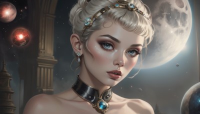 1girl,solo,looking at viewer,short hair,blue eyes,blonde hair,bare shoulders,jewelry,collarbone,earrings,parted lips,sky,choker,artist name,hair bun,collar,lips,eyelashes,makeup,night,moon,tiara,gem,portrait,star (sky),full moon,eyeshadow,starry sky,freckles,realistic,nose,red lips,space,planet,pillar,mascara,single hair bun,night sky