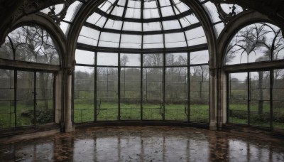 outdoors,sky,day,cloud,indoors,water,tree,dutch angle,no humans,window,cloudy sky,grass,nature,scenery,forest,reflection,bare tree,fog,grey sky,plant,rain,wooden floor,tiles,tile floor,puddle,reflective floor