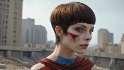 1girl,solo,short hair,bangs,brown hair,1boy,brown eyes,upper body,male focus,outdoors,parted lips,day,cape,blurry,lips,looking to the side,blood,blurry background,building,portrait,blood on face,city,realistic,nose,very short hair,sky,blunt bangs,blue sky,eyelashes,depth of field,injury,dirty,cuts