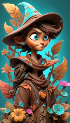 1girl,solo,short hair,blue eyes,brown hair,1boy,hat,animal ears,jewelry,closed mouth,upper body,flower,male focus,earrings,pointy ears,artist name,dark skin,gradient,gradient background,witch hat,leaf,blue background,plant,furry,androgynous,pink flower,blue headwear,blue flower,brown jacket,yellow flower,fantasy,purple flower,furry female,mushroom,orange flower,long hair,jacket,scarf,tree,web address,robe,branch,witch,aqua background