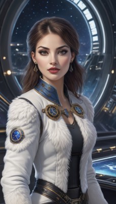 1girl,solo,long hair,breasts,looking at viewer,brown hair,shirt,long sleeves,cleavage,brown eyes,jewelry,medium breasts,closed mouth,upper body,earrings,open clothes,belt,necklace,lips,coat,fur trim,black shirt,window,makeup,lipstick,goggles,star (sky),realistic,nose,white coat,red lips,space,goggles around neck,dress,parted lips,forehead,eyeshadow,science fiction,emblem,badge