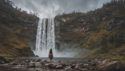 1girl, solo, long hair, brown hair, outdoors, sky, cloud, water, from behind, tree, nature, scenery, rock, mountain, waterfall