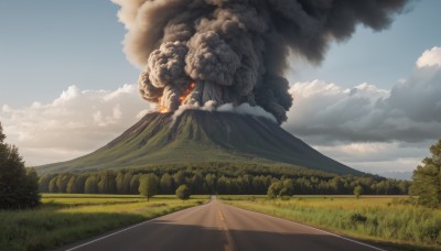 outdoors,sky,day,cloud,tree,blue sky,no humans,cloudy sky,grass,fire,nature,scenery,forest,smoke,mountain,road,bush,explosion,landscape,field