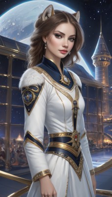 1girl,solo,long hair,breasts,looking at viewer,brown hair,long sleeves,dress,holding,animal ears,brown eyes,jewelry,standing,weapon,cowboy shot,earrings,sky,cat ears,white dress,lips,animal ear fluff,fur trim,makeup,night,moon,lipstick,building,gem,star (sky),night sky,full moon,starry sky,gold trim,realistic,nose,red lips,planet,medium breasts,closed mouth,outdoors,artist name,necklace,ring,earth (planet)