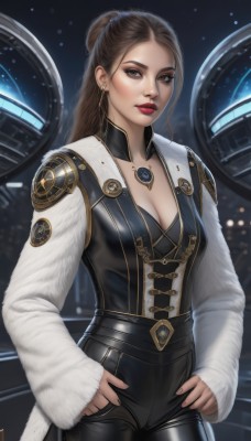 1girl,solo,long hair,breasts,looking at viewer,brown hair,long sleeves,cleavage,brown eyes,jewelry,medium breasts,standing,cowboy shot,earrings,pants,signature,necklace,hair bun,lips,makeup,black pants,lipstick,realistic,nose,hands in pockets,red lips,shirt,ponytail,parted lips,corset,pendant,eyeshadow,hands on hips