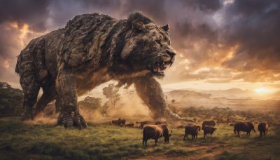 outdoors,sky,cloud,tree,no humans,animal,cloudy sky,grass,fire,nature,scenery,smoke,sunset,mountain,bear,sheep,tusks,lion,boar,sunlight,sun,pig