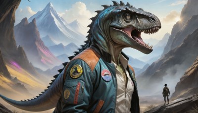 HQ,open mouth,shirt,1boy,standing,jacket,tail,yellow eyes,white shirt,weapon,male focus,outdoors,sky,teeth,day,tongue,collared shirt,pants,cloud,uniform,military,backpack,sharp teeth,monster,mountain,sun,scales,giant,alien,mountainous horizon,desert,upper body,open clothes,signature,open jacket,blue sky,muscular,cloudy sky,scenery,1other,realistic,ambiguous gender,sunrise