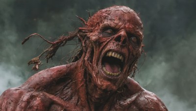 solo,open mouth,1boy,male focus,teeth,tongue,no humans,veins,monster,realistic,giant,alien,horror (theme),brown eyes,upper body,cloud,blood,cloudy sky,portrait,creature