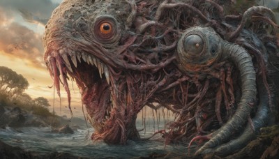 open mouth,outdoors,sky,teeth,tongue,cloud,water,tree,orange eyes,no humans,bird,cloudy sky,sharp teeth,scenery,monster,creature,extra eyes,eldritch abomination,blood,tentacles,horror (theme)