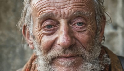 solo,looking at viewer,1boy,closed mouth,white hair,male focus,blurry,grey eyes,blurry background,facial hair,portrait,beard,close-up,realistic,mustache,manly,old,old man,wrinkled skin,jewelry,green eyes,grey hair,earrings,signature,lips,depth of field,nose