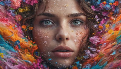 1girl, solo, looking at viewer, blue eyes, brown hair, green eyes, flower, parted lips, water, lips, eyelashes, portrait, close-up, fish, bubble, underwater, realistic, nose