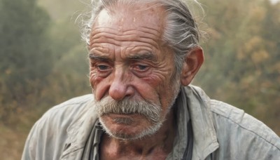 solo,looking at viewer,shirt,1boy,closed mouth,white shirt,upper body,white hair,grey hair,male focus,collared shirt,blurry,black eyes,blurry background,facial hair,portrait,beard,realistic,mustache,manly,old,old man,wrinkled skin,jacket,grey eyes