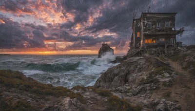 outdoors,sky,cloud,signature,water,no humans,ocean,beach,cloudy sky,ground vehicle,building,scenery,smoke,sunset,rock,mountain,sand,horizon,ruins,house,waves,shore,ship,smokestack