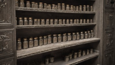 monochrome,indoors,book,no humans,bottle,scenery,bookshelf,shelf,jar,still life,cabinet