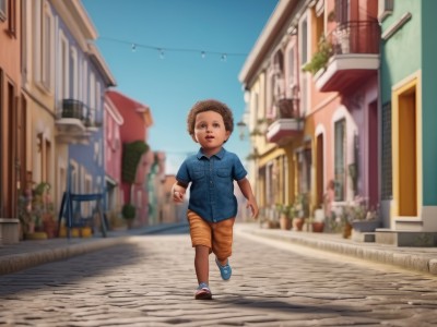 solo,brown hair,shirt,1boy,brown eyes,full body,short sleeves,male focus,outdoors,sky,shoes,shorts,day,signature,blurry,blue sky,blurry background,blue shirt,building,child,walking,running,blue footwear,city,realistic,road,male child,house,street,afro,looking at viewer,open mouth,collared shirt,shadow,aged down,denim,town