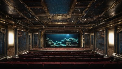 sky,indoors,tree,no humans,window,night,table,star (sky),night sky,scenery,light particles,starry sky,stairs,light,architecture,east asian architecture,pillar,painting (object),ceiling,chandelier,plant,fish,coral