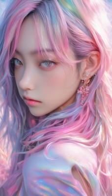 1girl,solo,long hair,looking at viewer,blush,bangs,blue eyes,jewelry,closed mouth,upper body,pink hair,multicolored hair,earrings,pink eyes,from side,lips,parted bangs,eyelashes,makeup,piercing,portrait,close-up,pink lips,realistic,nose,expressionless,gem