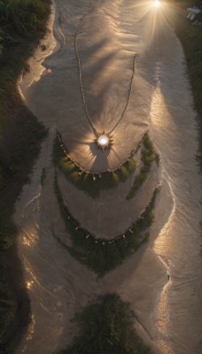 solo,outdoors,tree,no humans,glowing,from above,sunlight,nature,scenery,glowing eyes,1other,forest,monster,mountain,sun,giant,ambiguous gender,jewelry,water,necklace,chain,grass,plant,fantasy,light,road,river