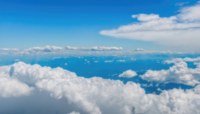 monochrome,outdoors,sky,day,cloud,blue sky,no humans,ocean,cloudy sky,scenery,blue theme,horizon,landscape,above clouds,water