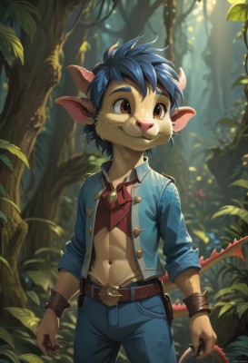 solo,smile,short hair,shirt,red eyes,1boy,navel,animal ears,brown eyes,jewelry,closed mouth,blue hair,standing,jacket,tail,male focus,cowboy shot,outdoors,open clothes,horns,day,pointy ears,belt,pants,blurry,open jacket,tree,fingernails,blurry background,abs,plant,denim,blue jacket,nature,claws,furry,forest,blue pants,brown belt,antlers,furry male,dragon boy,midriff,artist name,bracelet,looking to the side,leaf,sunlight,thick eyebrows,fantasy,male child,dappled sunlight,brown fur,body markings