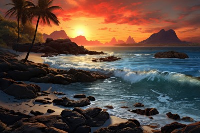 PREMIUM,outdoors,sky,cloud,water,tree,no humans,ocean,beach,cloudy sky,nature,scenery,sunset,rock,mountain,sand,palm tree,sun,horizon,waves,evening,shore,orange sky,red sky,island