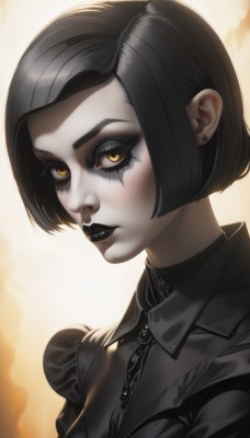 1girl,solo,looking at viewer,short hair,bangs,shirt,black hair,brown eyes,jewelry,closed mouth,jacket,yellow eyes,upper body,earrings,artist name,lips,eyelashes,makeup,buttons,facial mark,bob cut,thick eyebrows,lipstick,pale skin,portrait,eyeshadow,nose,stud earrings,eyeliner,mascara,black lips,parted lips,signature,black jacket,black shirt,zipper,gothic