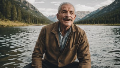 solo,looking at viewer,smile,open mouth,shirt,long sleeves,1boy,sitting,jacket,closed eyes,white shirt,white hair,grey hair,male focus,outdoors,sky,day,collared shirt,pants,cloud,water,blurry,tree,coat,facial hair,nature,brown jacket,mountain,realistic,mustache,manly,old,brown coat,old man,river,lake,wrinkled skin,dress shirt,cloudy sky,facing viewer,leather jacket,grey sky