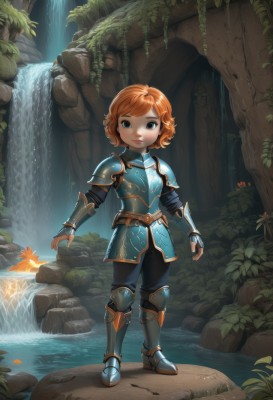 1girl,solo,looking at viewer,short hair,bangs,blue eyes,gloves,closed mouth,standing,full body,flower,boots,outdoors,pants,fingerless gloves,water,orange hair,armor,lips,swept bangs,leaf,grass,plant,shoulder armor,gauntlets,child,nature,pauldrons,breastplate,rock,fantasy,vambraces,armored boots,greaves,faulds,waterfall,moss,smile