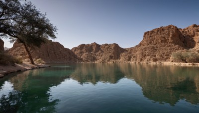 outdoors,sky,day,water,tree,blue sky,no humans,nature,scenery,reflection,rock,mountain,river,landscape,lake,reflective water,forest