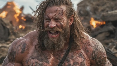 solo,long hair,smile,open mouth,brown hair,1boy,closed eyes,upper body,male focus,outdoors,teeth,medium hair,blurry,tattoo,muscular,blurry background,facial hair,scar,fire,facing viewer,beard,scar on face,topless male,realistic,mustache,looking at viewer,day,depth of field,messy hair,manly,chest hair,photo background