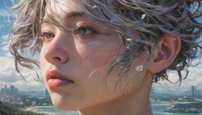 1girl,solo,short hair,bangs,blue eyes,brown hair,grey hair,outdoors,parted lips,sky,day,cloud,water,mole,blurry,blue sky,lips,grey eyes,eyelashes,floating hair,looking away,looking up,wind,building,portrait,close-up,freckles,city,realistic,nose,cityscape,looking afar,brown eyes,jewelry,earrings,looking to the side,blurry background,cloudy sky,mole on neck,mole on cheek