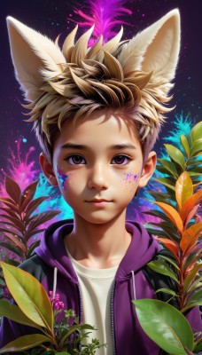 solo,looking at viewer,smile,short hair,blonde hair,brown hair,shirt,1boy,animal ears,brown eyes,closed mouth,jacket,white shirt,upper body,flower,male focus,open clothes,artist name,cat ears,hood,open jacket,lips,fox ears,hoodie,leaf,hood down,plant,star (sky),hooded jacket,extra ears,freckles,drawstring,male child,paint splatter,child,portrait,realistic,paint