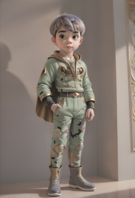 solo,looking at viewer,short hair,brown hair,1boy,brown eyes,jewelry,closed mouth,standing,jacket,full body,grey hair,male focus,boots,shoes,belt,pants,cape,lips,military,shadow,child,hand in pocket,male child,knee pads,camouflage,hood,hoodie,camouflage pants