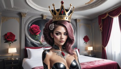 1girl,solo,long hair,breasts,looking at viewer,brown hair,hair ornament,cleavage,brown eyes,jewelry,medium breasts,upper body,pink hair,flower,indoors,hair flower,lips,pillow,window,bed,tattoo,makeup,detached collar,rose,on bed,crown,lipstick,curtains,red flower,gem,eyeshadow,red rose,mirror,realistic,lamp,bedroom,cyborg,multicolored hair,two-tone hair,vase