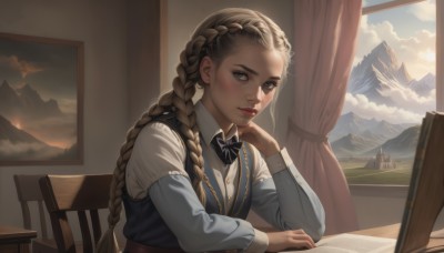 1girl,solo,long hair,looking at viewer,blush,blonde hair,brown hair,shirt,long sleeves,bow,brown eyes,sitting,very long hair,white shirt,upper body,braid,short sleeves,parted lips,sky,day,collared shirt,artist name,cloud,indoors,bowtie,vest,twin braids,lips,grey eyes,book,window,single braid,black bow,watermark,chair,table,curtains,braided ponytail,black bowtie,mountain,realistic,nose,red lips,blue vest,long braid,mountainous horizon,painting (object),open window,easel,closed mouth,school uniform,sunlight,forehead,freckles