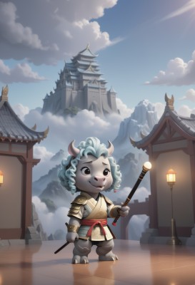 solo,smile,1boy,holding,animal ears,blue hair,standing,full body,weapon,male focus,outdoors,japanese clothes,horns,sky,day,cloud,armor,black eyes,blue sky,cloudy sky,staff,building,furry,curly hair,lantern,mountain,holding staff,furry male,architecture,east asian architecture,statue,open mouth,jewelry,teeth,furry female,white fur