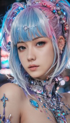 1girl,solo,breasts,looking at viewer,short hair,bangs,hair ornament,bare shoulders,twintails,jewelry,blue hair,upper body,pink hair,multicolored hair,earrings,parted lips,choker,blunt bangs,necklace,blurry,black eyes,lips,grey eyes,eyelashes,blurry background,piercing,gem,ear piercing,portrait,realistic,nose,long hair,cleavage,sidelocks,shiny,artist name,two-tone hair,gradient hair,makeup,watermark,close-up,pink lips