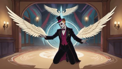 solo,looking at viewer,smile,long sleeves,1boy,hat,bow,full body,male focus,wings,pants,indoors,bowtie,black footwear,kneeling,mask,black pants,formal,suit,feathered wings,angel wings,top hat,white wings,angel,candle,magic circle,brown hair,gloves,window,facial hair,mustache,lamp,chandelier